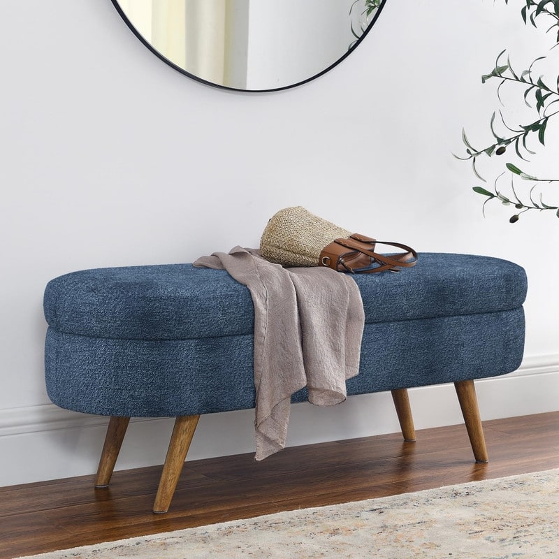 44" Beige Boucle Storage Ottoman Bench for Living Room Bedroom,Oval Storage Bench Ottoman Foot Rest Wood Legs - 43.5" - Denim Blue