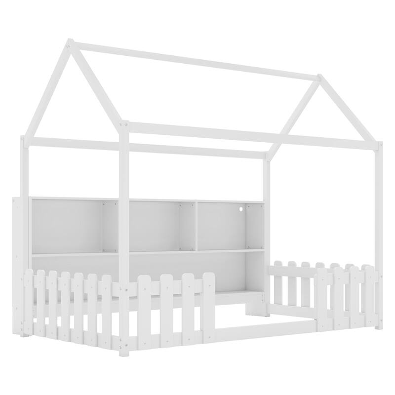 Twin Size House Bed with LED Light, Wood House Bed with Storage Bookshelf, Floor House Bed with Guardrails for Kid