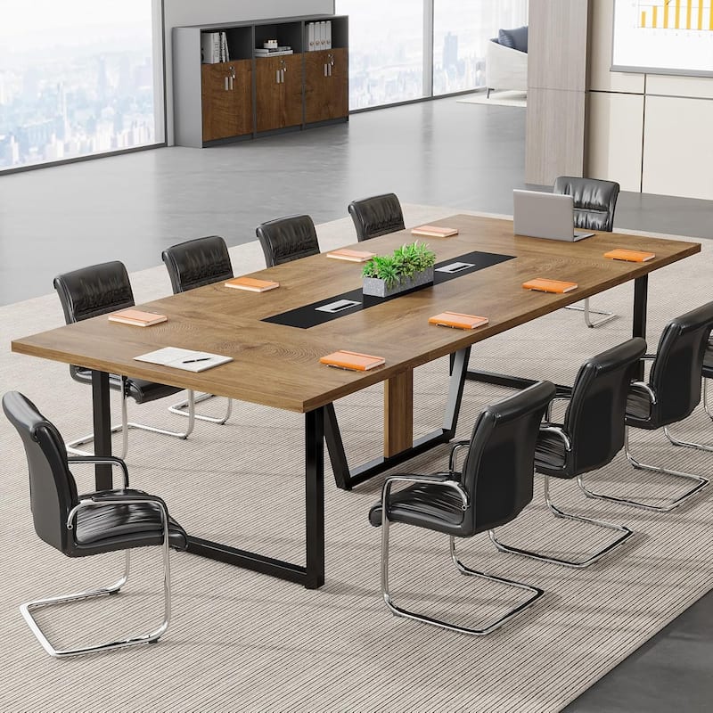 8FT Large Conference Table with Strong Metal Frame for Office Conference - Yellow Brown