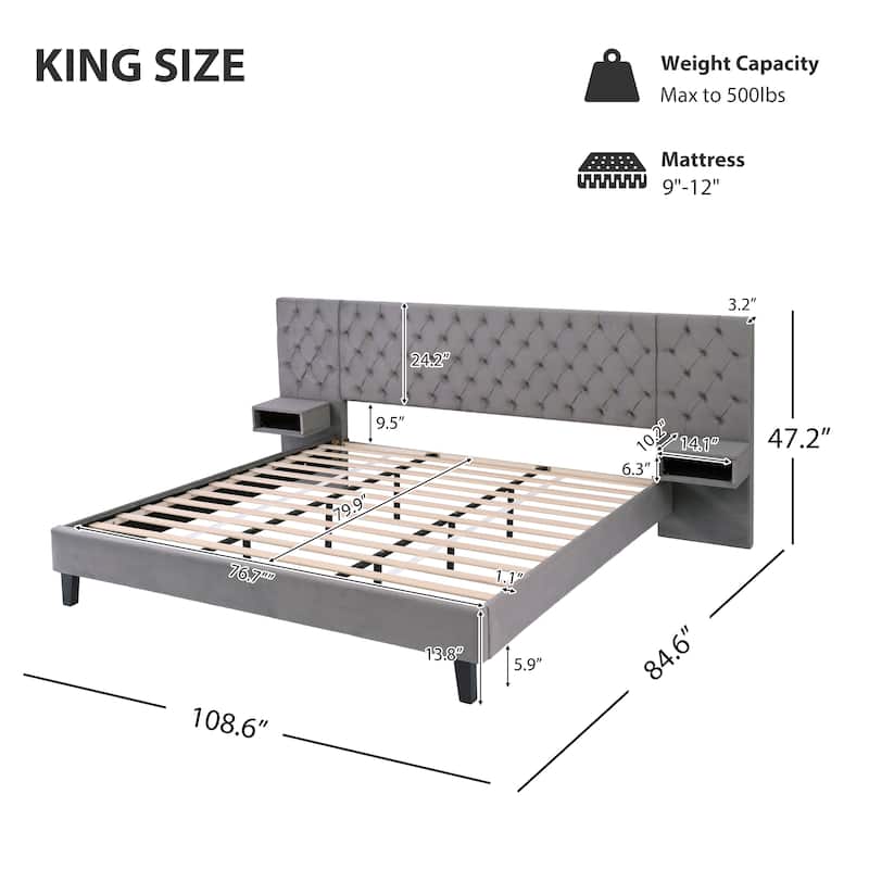 Modern Upholstered Platform Bed King/Queen with Velvet Wingback Headboard and Built-in Nightstands, Easy Assembly