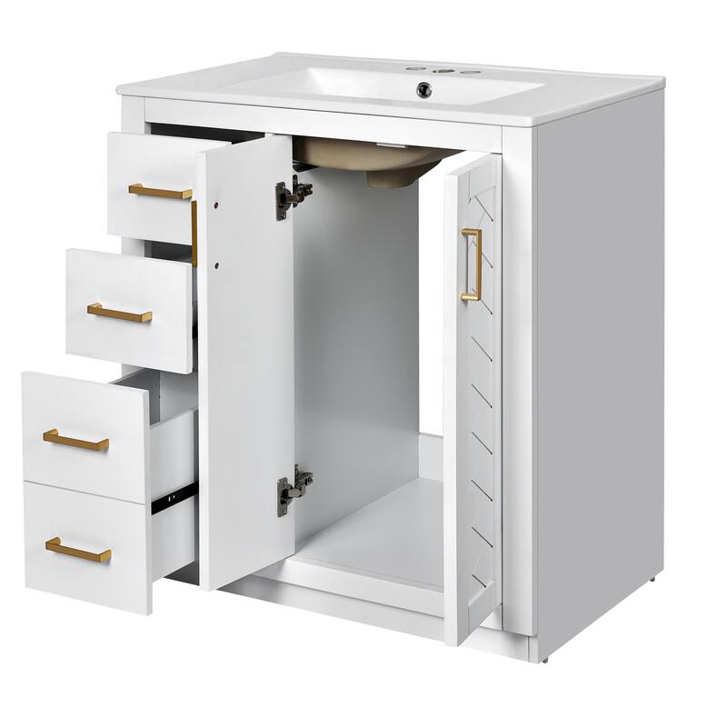 30" Bathroom Vanity with Ceramic Sink - Solid Wood Frame, 3 Drawers & 2 Soft-Close Doors - Modern Freestanding Storage Cabinet