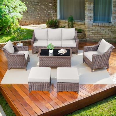 PE Wicker Chair with Sofa Table Ottomans