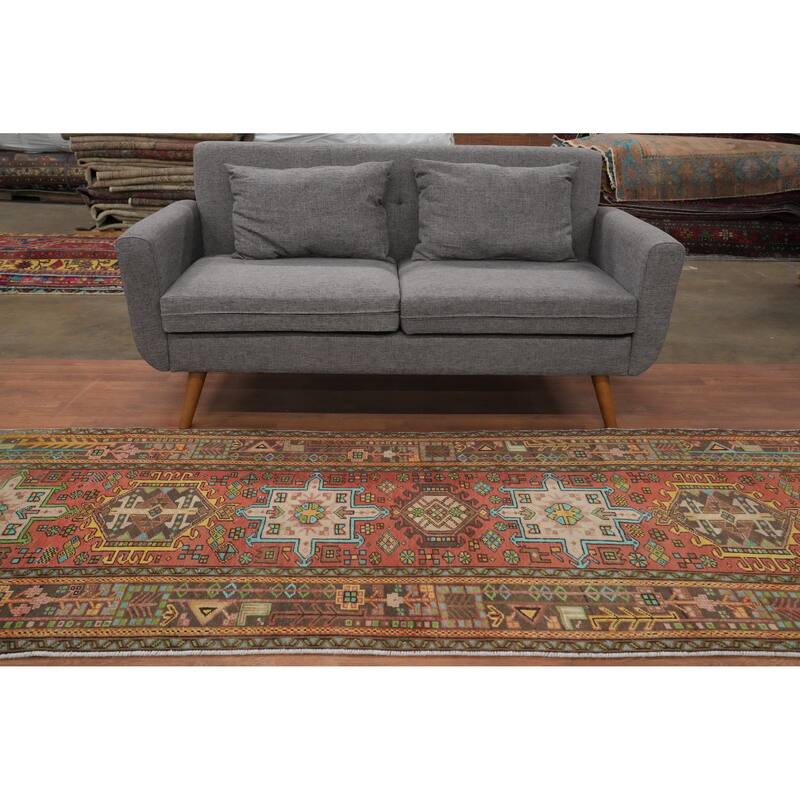 Hand Knotted Oriental 100% Wool Carpet Traditional Geometric Oranges & Rust Heriz Runner Rug - 10' 3'' X 3' 6''