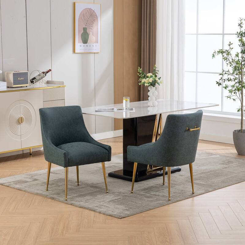 SEYNAR Modern Glam PU Leather Dining Chair or Vanity Chair Set of 2 with Rear Handle - Blue