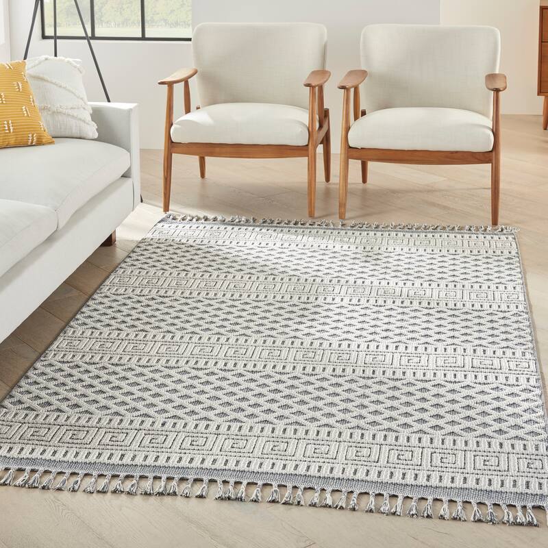 Nourison Elwood Contemporary Greek Key Lattice Geometric Area Rug - 5' 3" x 7' 11" - Ivory/Slate - Runner/Rectangle