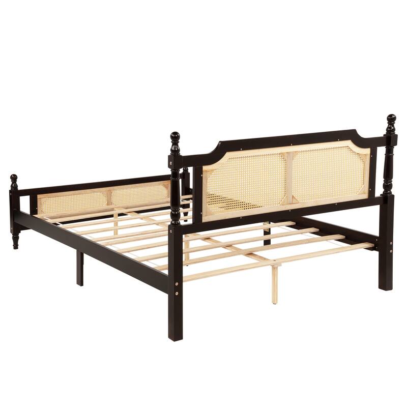 Queen Pine Wooden Bed with Rattan Headboard and Footboard, Central Enhanced Bed Platform, Espresso