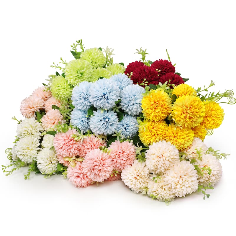 Set of 3 Light Blue Artificial Pom Pom Mum Flower Stem Bush Bouquet 16in - 16" L x 8" W x 8" DP