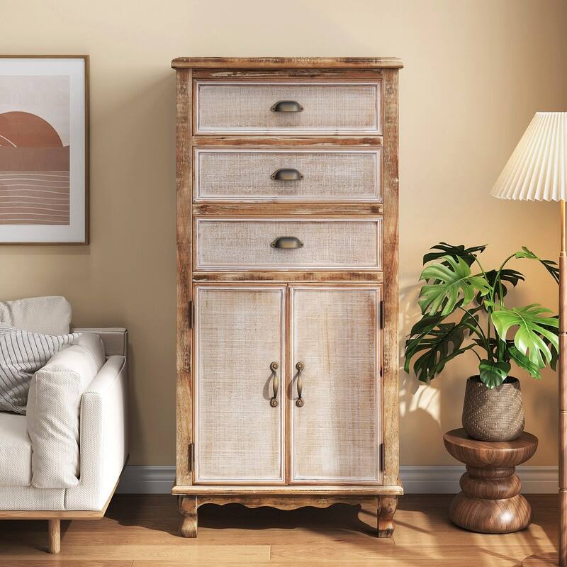 Rustic 50.79" Tall Wooden Accent Cabinet with Decorative Door and 3 Drawers - Antique White