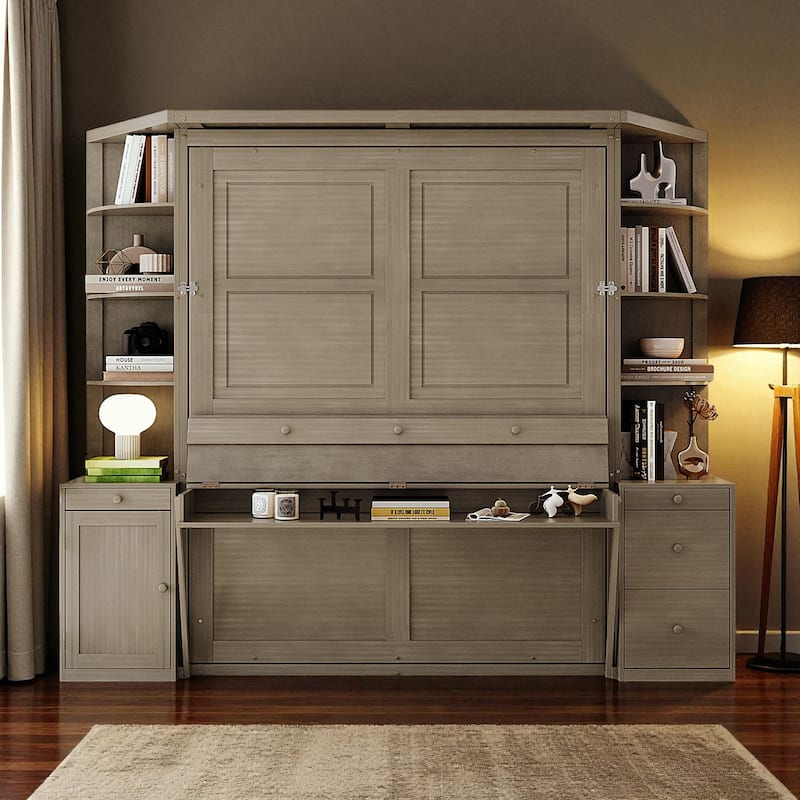 Queen Murphy Bed with Desk, Storage Shelves and Cabinets, Hidden Wall Bed for Home Office Space Saving Furniture - Grey - Queen