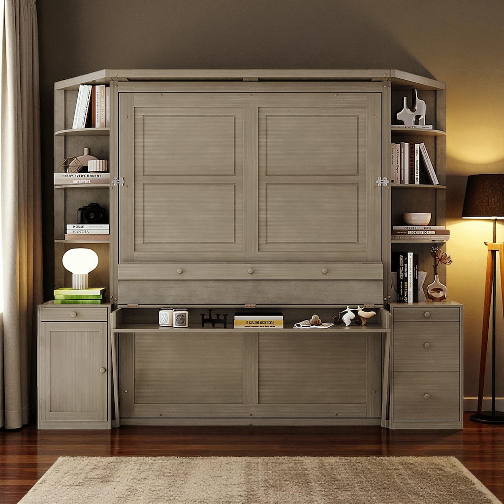 Queen Murphy Bed with Desk, Storage Shelves and Cabinets, Hidden Wall Bed for Home Office Space Saving Furniture