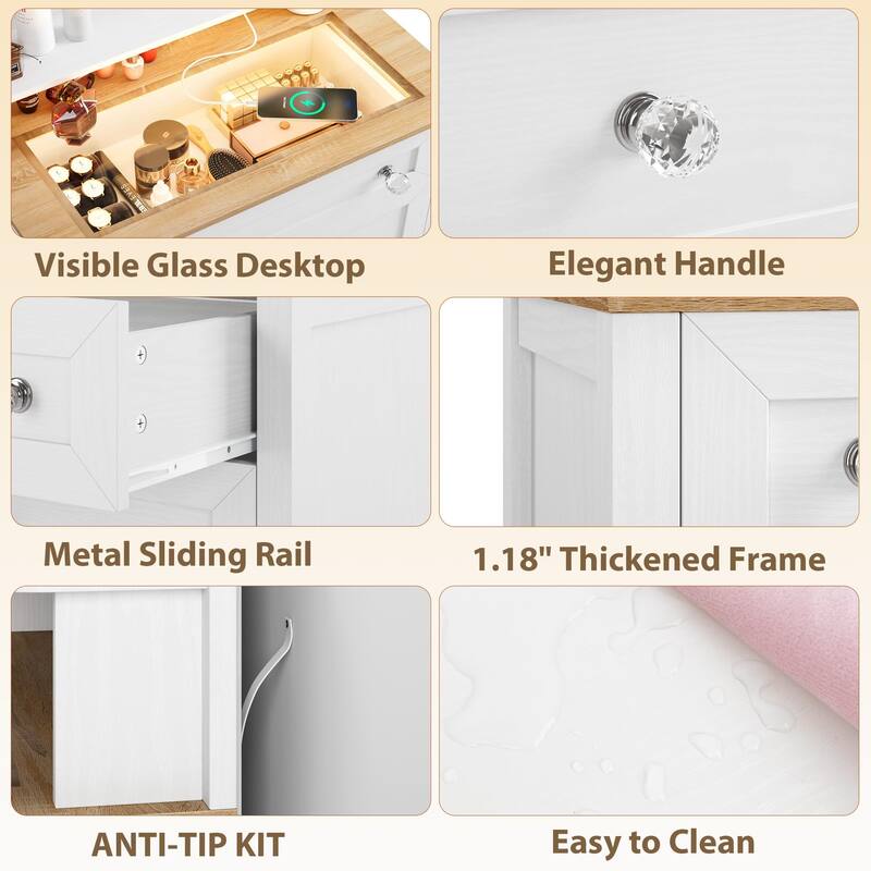 White 4-Drawer Dresser with Mirror, Built-In Charging Station and LED Strip, Modern Vanity Table