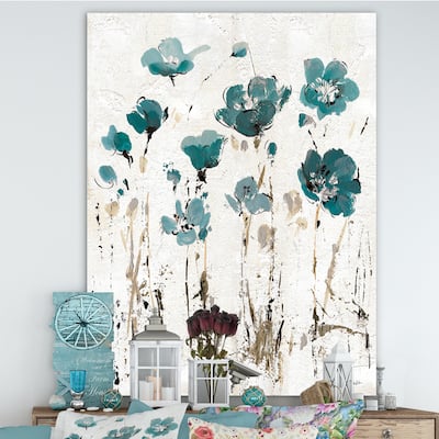 Designart "Fields of Turquoise Watercolor Flower I" Traditional Premium Canvas Wall Art - Grey