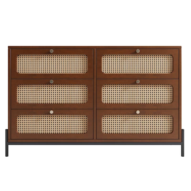 Modern Cannage Rattan Wood Closet 6-Drawer Dresser Wood Storage Cabinet Sideboard for Bedroom