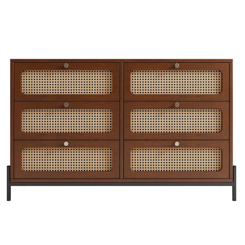 Modern Wood Storage Cabinet with 6 Rattan Drawers for Bedroom, Living Room, Entryway