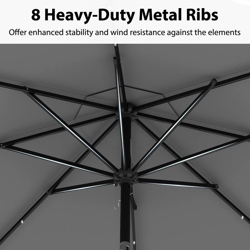 10 Feet Solar Patio Umbrella with LED Lights Push Button Tilt and Crank Handle for Backyard Deck