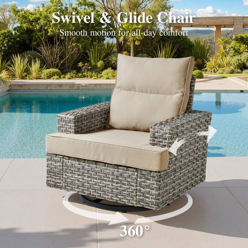 OVIOS 10 Pieces T shaped Seat Wide Armrest Swivel Chair Set With Solar-Powered Table&Fire Pit
