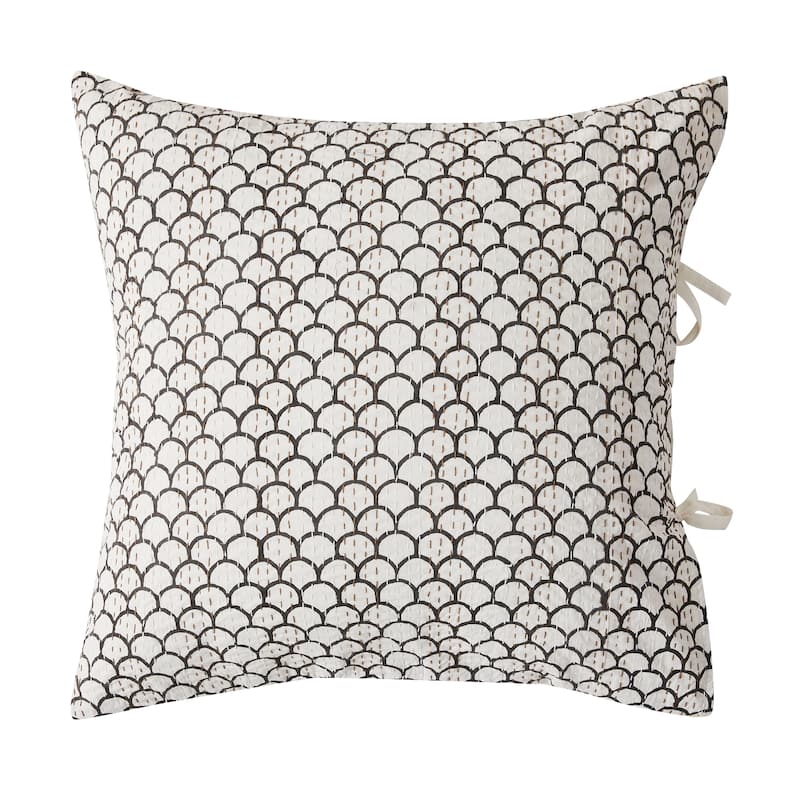 Melange Home Hand Stitched Scallop Block Print Kantha Coverlet and Shams - Euro Sham Set - Full - 2 Piece