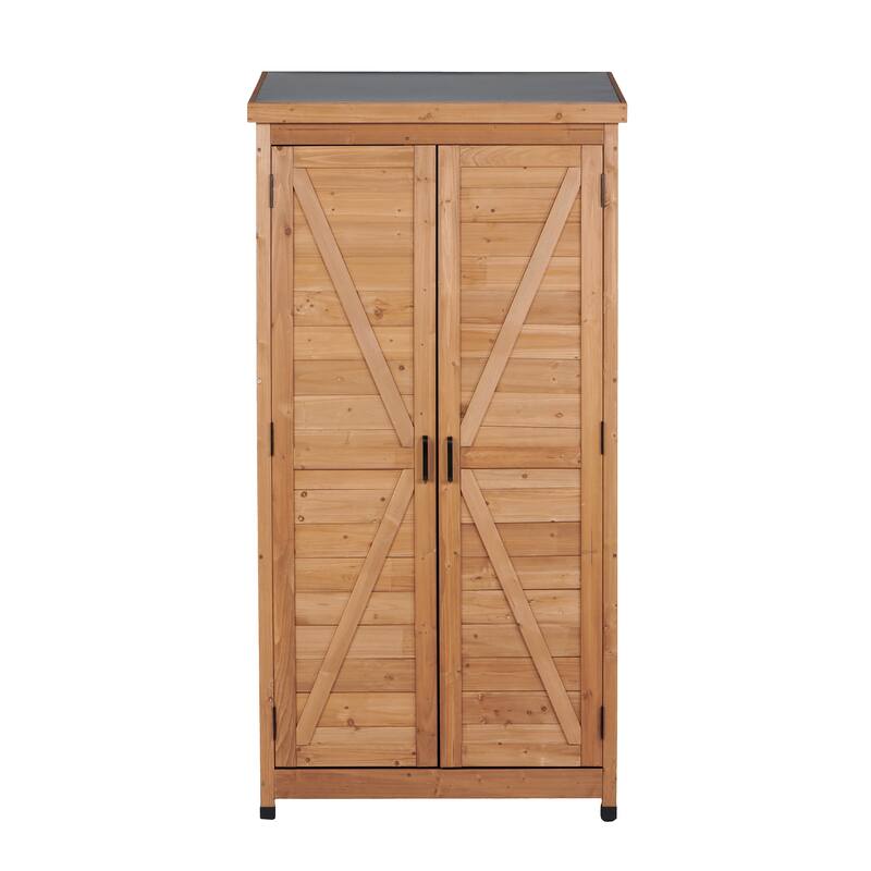 Outdoor Wooden Storage Shed with Metal Top Tall Vertical Tool Cabinet for Backyard Garden Patio Lawn