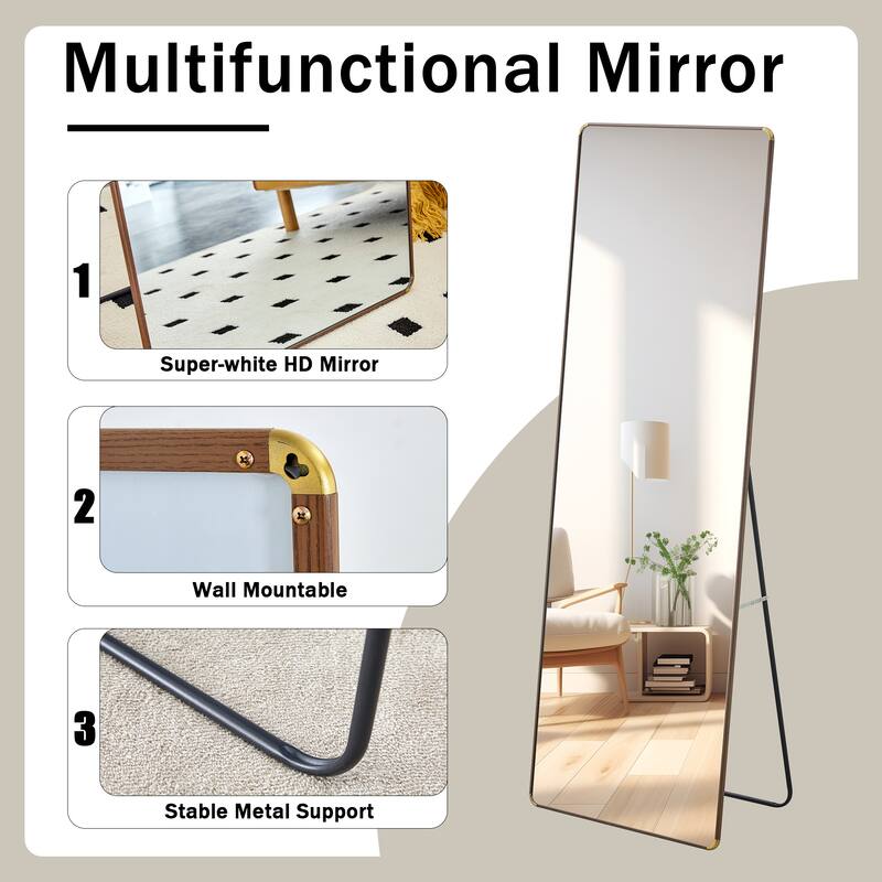 Roomfitters Floor Standing Full-Length Mirror with Walnut Frame, 65"x23.2" Wall Mounted Dressing Mirror for Bedroom