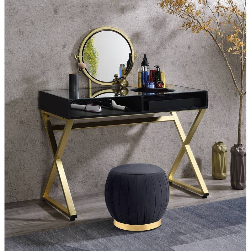 Charming Vanity Desk with Mirror and Jewelry Tray for Stylish Spaces - Black and Gold