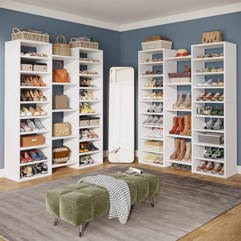 47" White 14-Tier Shoe Storage Cabinet with 22 Open Cubbies
