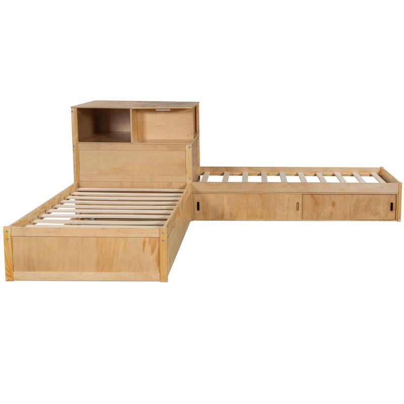 Twin Size L-shaped Bed Frame with Trundle Bed and Storage Cabinets, Desk, Lighting, Corner Platform Storage Bed Frame