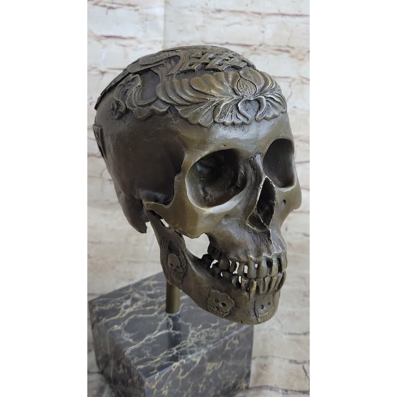 Dios De Los Muertes Day Of The Dead Decorative Bronze Metal Skull Sculpture Statue Marble Base 14 Inches X 10 Inches