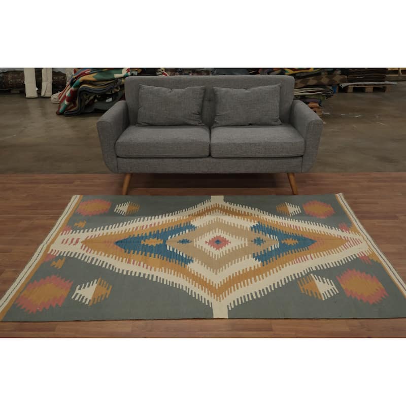 Hand Woven Oriental 100% Wool Carpet Southwestern Tribal Greys & Charcoal Kilim Area Rug - 6' 10'' X 4' 8''