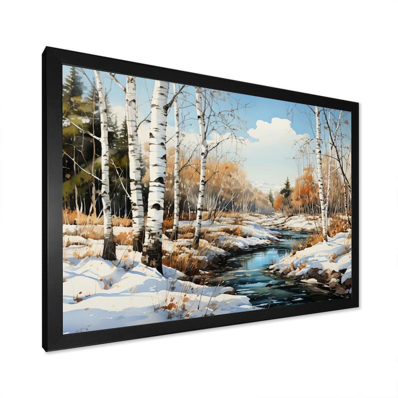 Designart "Birch Woods Winter Whispers III" Tree Birch Framed Wall Art Living Room