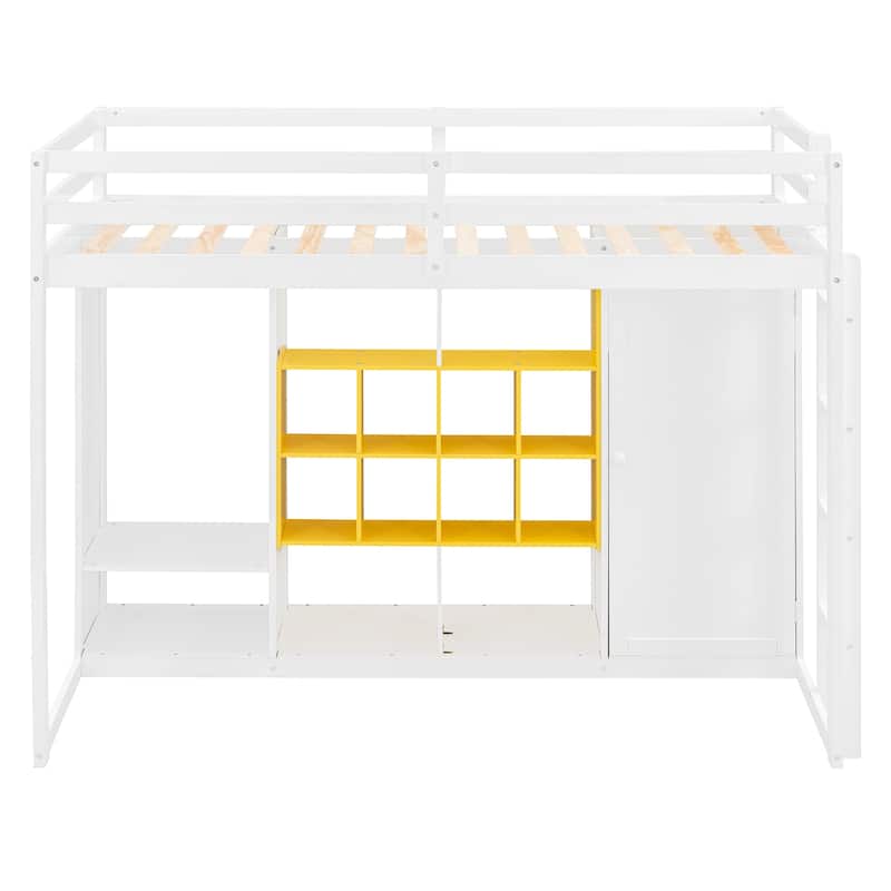 Twin Size Wood Loft Bed with Wardrobe