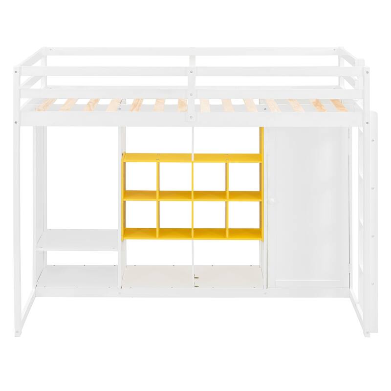 Wooden High Loft Bed with Reversible Ladder, Storage Loftbed Frame with Wardrobe, Shelves and Cabinet, No Box Spring Needed