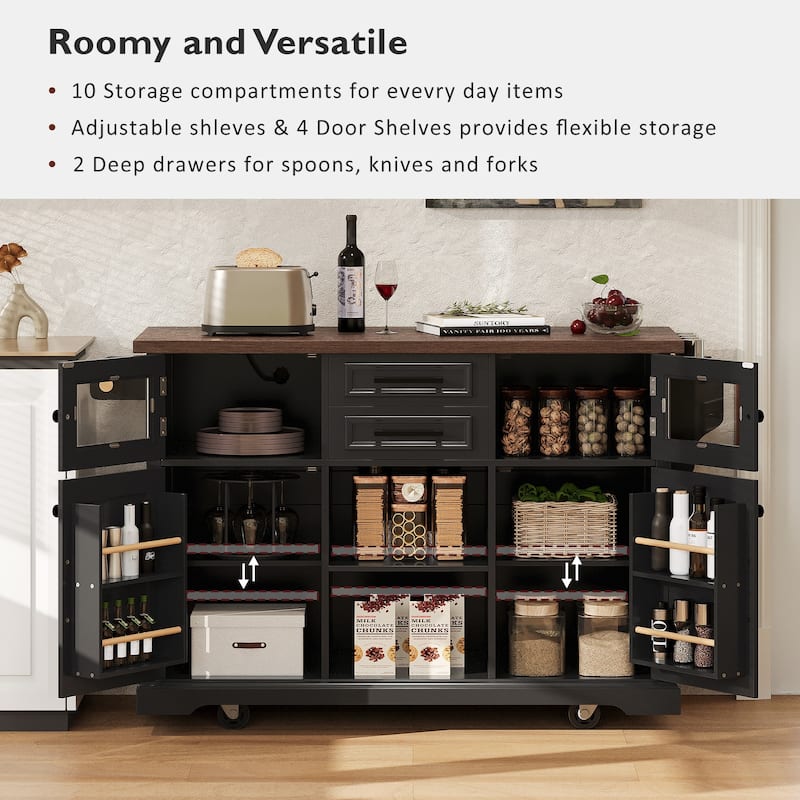 54.9"Rolling Kitchen Island w/ Drop Leaf,Power Outlet,Cross Barn Doors