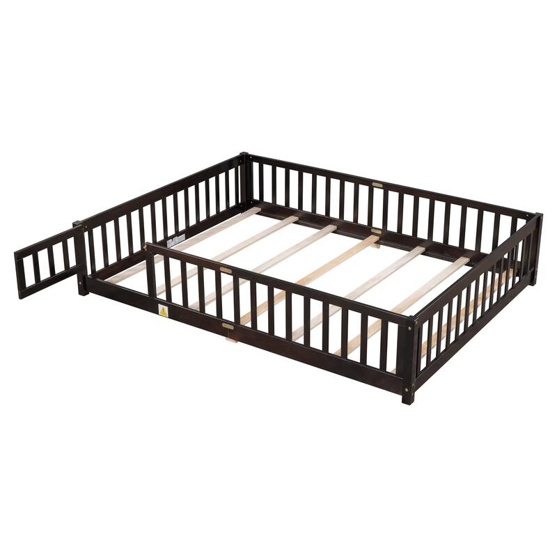 Queen size Floor Platform Bed with Fence Guardrails and Door