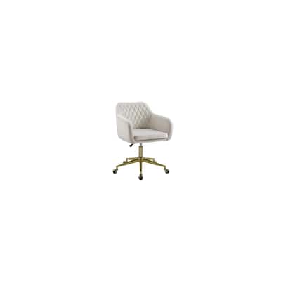 Quilted Upholstered Office Chair in Off White with Gold Powder Coated Base and Rolling Casters