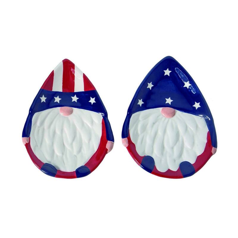 Transpac American Patriotic Uncle Sam Red White Blue Gnome Shaped Decorative Plate Set of 4, Dishwasher Safe