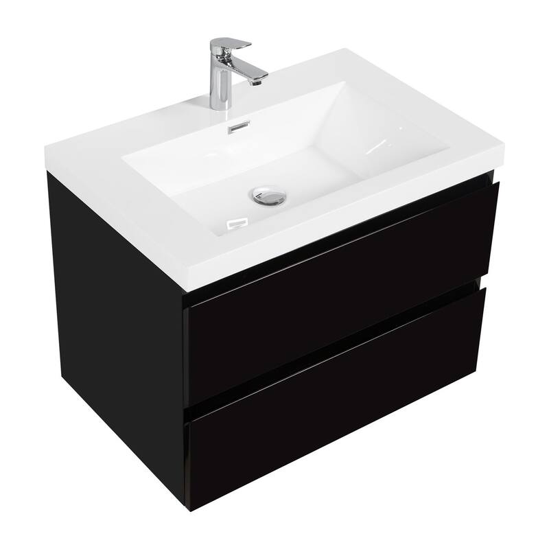 MDF Wall-Mounted Bathroom Vanity Set in Black with Integrated Culture Marble Sink