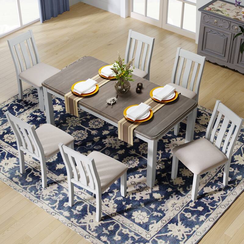 7-Piece Wooden Dining Table Set with Extendable Table & 6 Chairs - Brown+White