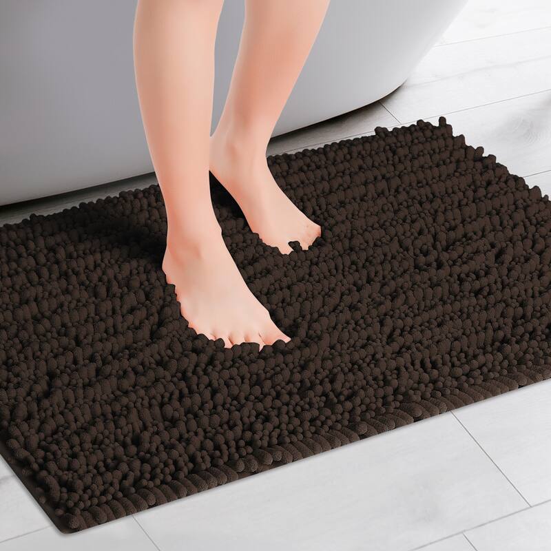 Chenille Bathroom Rugs Non-Slip Bath Mat, Plain Washable Soft Shower Mat, for Bathroom Floor - Brown - 16" x 24"