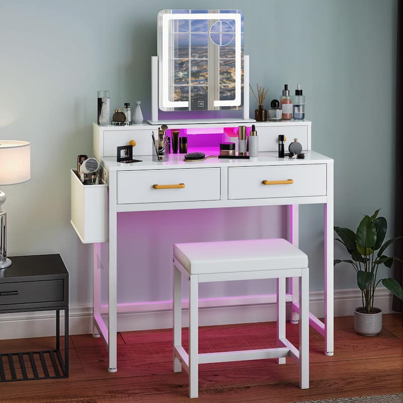 Vanity Desk with Mirror & Lights, Cream White Makeup Table Set with Stool - 31.5''W X 21.5''D X 30''H