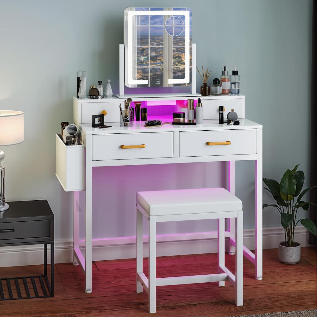 Vanity Desk with Mirror & Lights, Cream White Makeup Table Set with Stool - 31.5''W X 21.5''D X 30''H