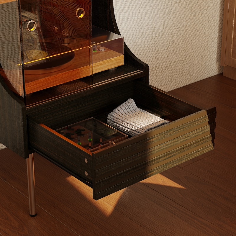 Record Player Stand with Glass Doors Vinyl Record Cabinet with LED Light Media Cabinet - 19.7"x19.7"x35.4"