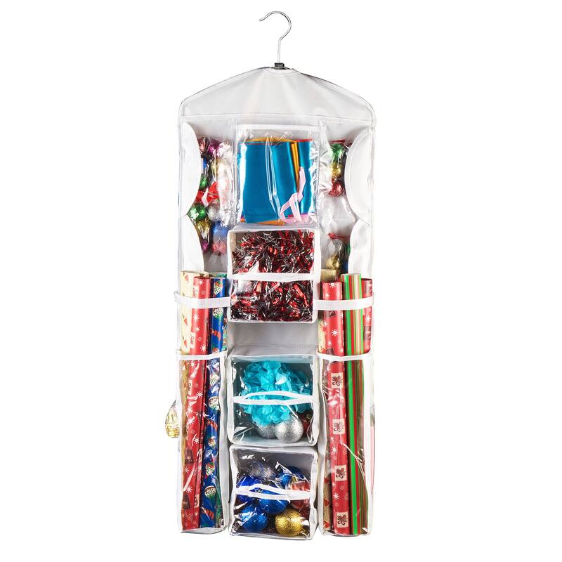 Wrapping Paper Storage Organizers- 2 Pack- Dual Sided Hanging Gift Wrap Station-Clear Compartments by Elf Stor - Clear and White
