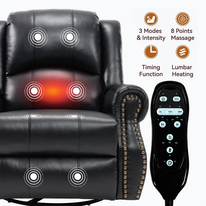Roomfitters Swivel Rocker Recliner Chair with Heat and Massage Manual Reclining Fabric Lounge Sofa for Living Room, Black
