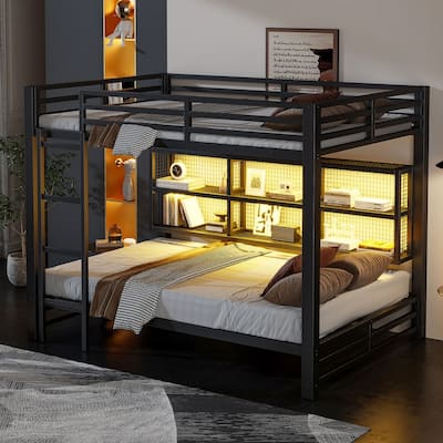 Queen over Queen Size Metal Bunk Bed with Storage Cabinets and LED