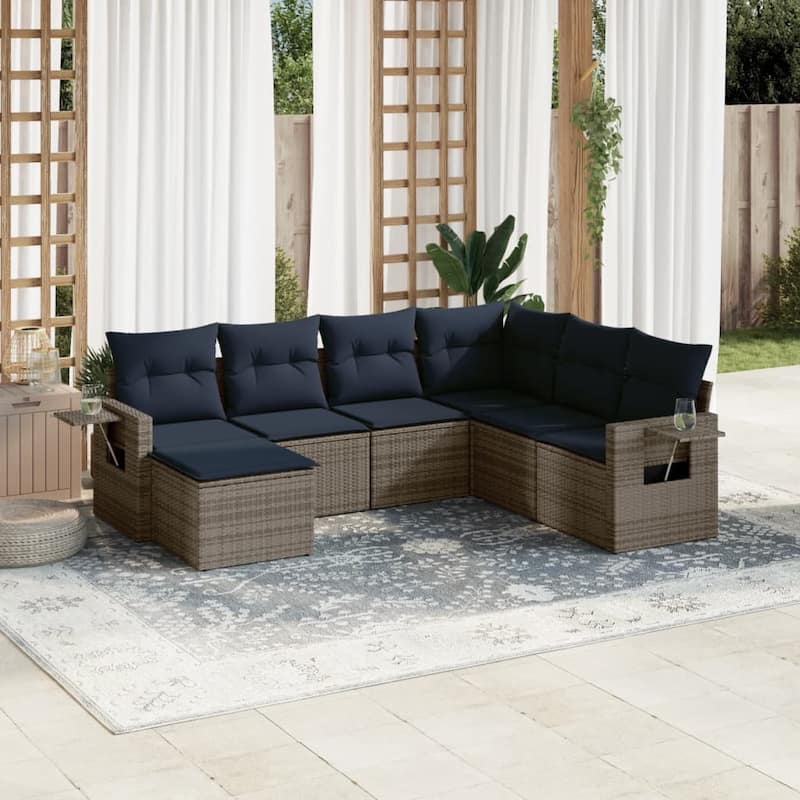 vidaXL Patio Sofa Set with Cushions Outdoor Conversation Furniture Poly Rattan - 24.4 x 24.4 x 27.2 - Grey and Blue-Without table