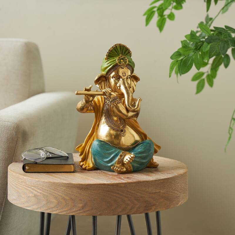 Gold Resin Musician Ganesh Decorative Sculpture with Green, Yellow, and Teal Accents