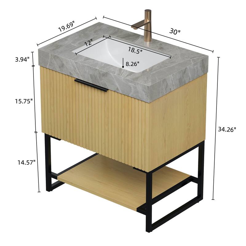 30" Bathroom Vanity & Sink, Freestanding Striped Plywood Storage Cabinet with Drawer & Open Shelf
