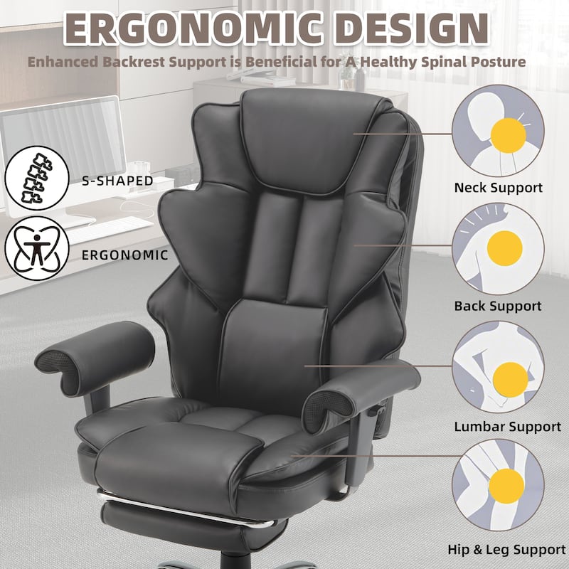 Ergonomic 6-Point Massage Office Chair with Heating, Reclining Function, Retractable Footrest, and Adjustable Armrests