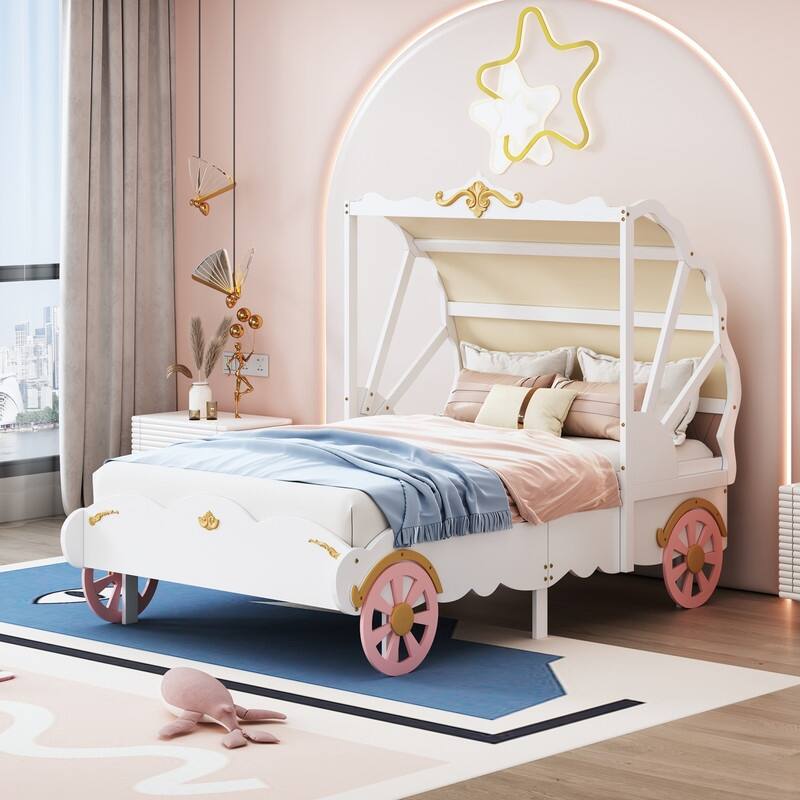 Twin Size Princess Carriage Bed with Canopy, Wood Platform Car Bed with