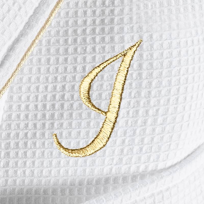 Authentic Hotel and Spa White/Gold Unisex Turkish Cotton Waffle Weave Terry Bath Robe with Gold Script Monogram